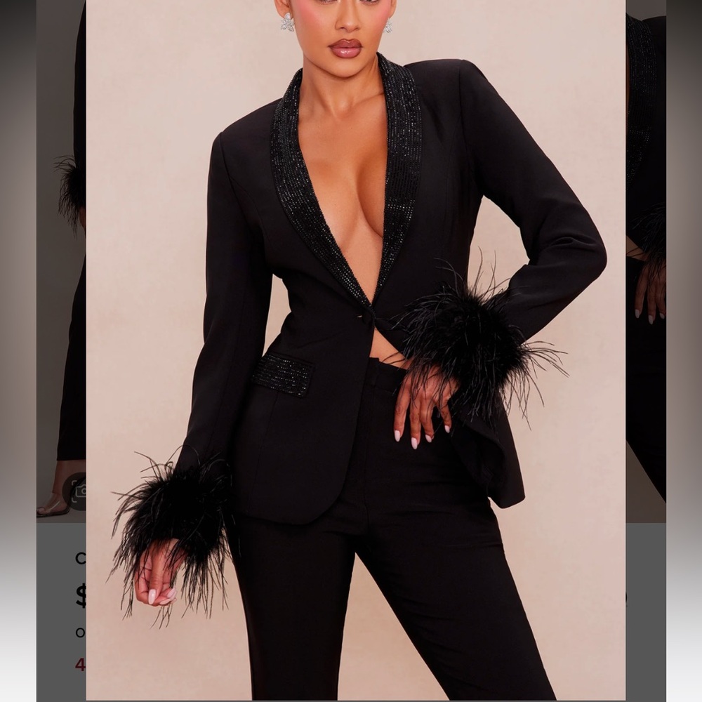 NWT Fashion Nova Clarissa Embellished Feather Blazer Set